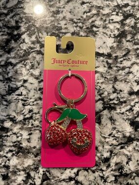 Juicy Couture Red Crystal Cherry Keychain with Green Leaf and Gold Hardware